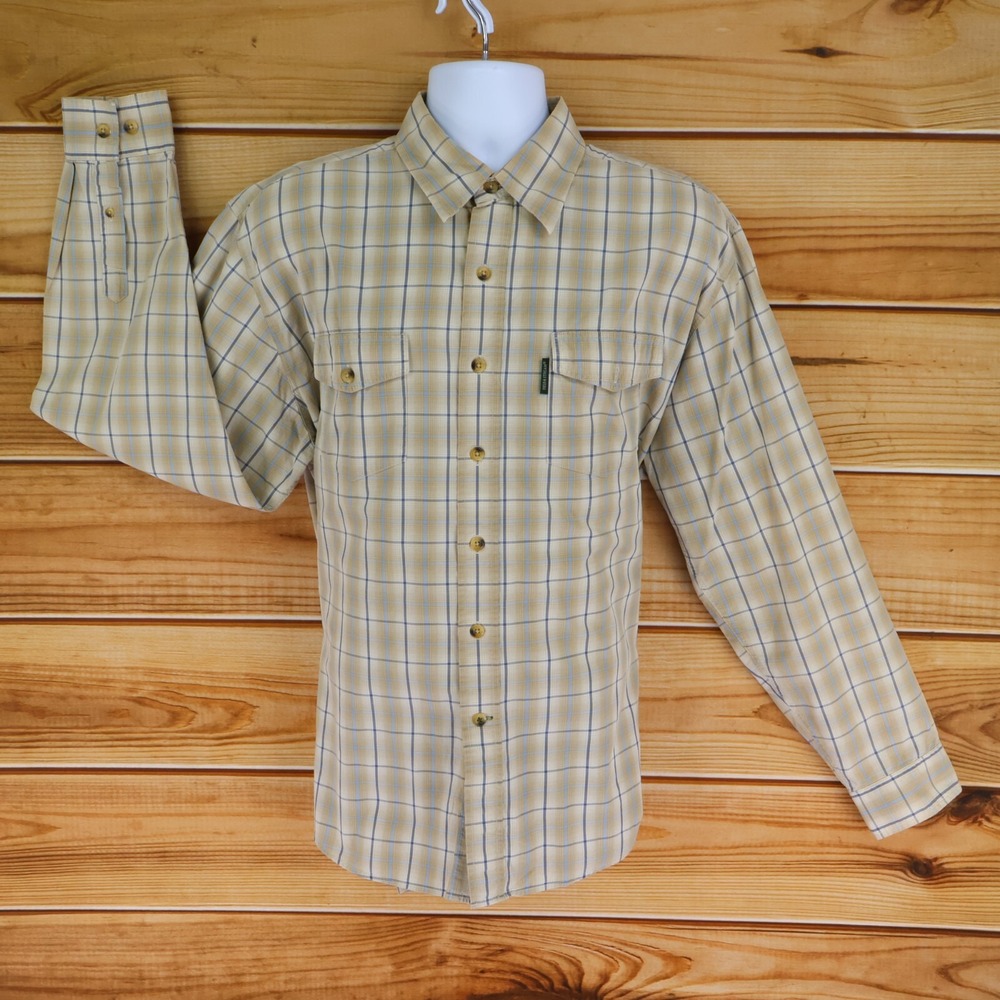 Field & Stream Button Up Shirt Mens XL Brown Plaid Cotton Pockets Long Sleeves